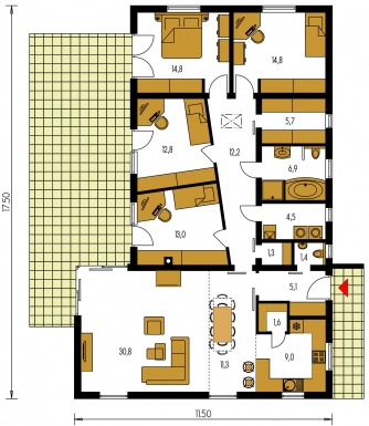 Spiegelverkehrter Entwurf | Grundriss des Erdgeschosses - BUNGALOW 145